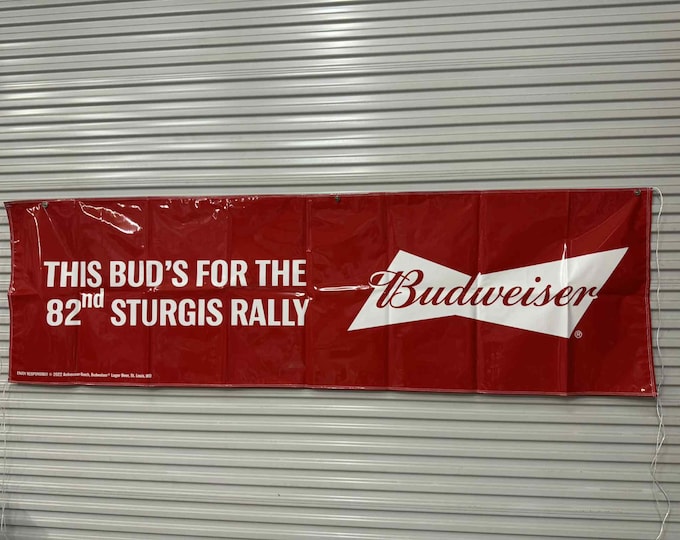 Budweiser 82nd Sturgis Rally Banner – 3x10 Ft PVC Beer Sign with Strings – Man Cave, Bar, Garage Decor