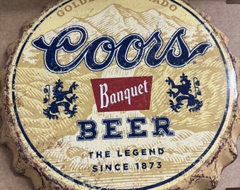 Coors Banquet Tin Sign 18" Bottle Cap – Vintage Look Coors Beer Wall Decor – Golden Colorado Bar Sign