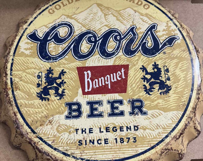 Coors Banquet Tin Sign 18" Bottle Cap – Vintage Look Coors Beer Wall Decor – Golden Colorado Bar Sign