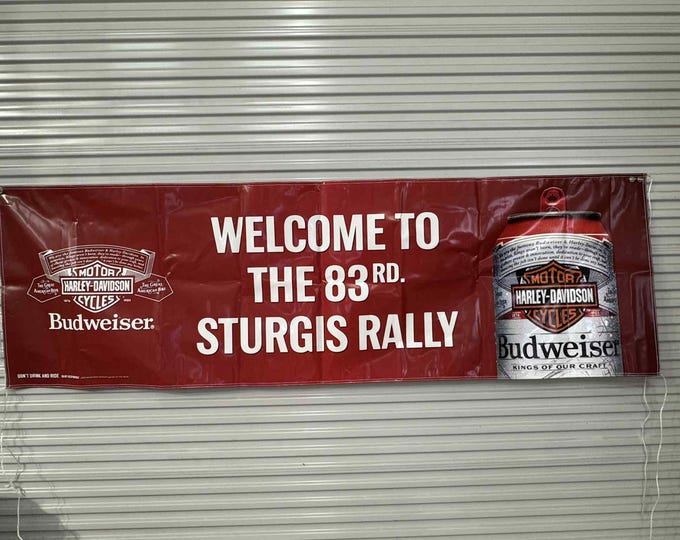 Budweiser Harley-Davidson 83rd Sturgis Rally Banner – 3x10 Ft – Red Motorcycle Beer Sign – New Old Stock Mancave Decor