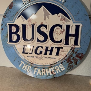 Rare Busch Light 24&quot; Round Tin Tacker Sign – Brewed For The Farmers Metal Beer Sign – Mancave Bar Wall Decor