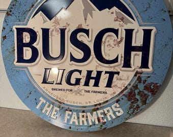 Rare Busch Light 24" Round Tin Tacker Sign – Brewed For The Farmers Metal Beer Sign – Mancave Bar Wall Decor