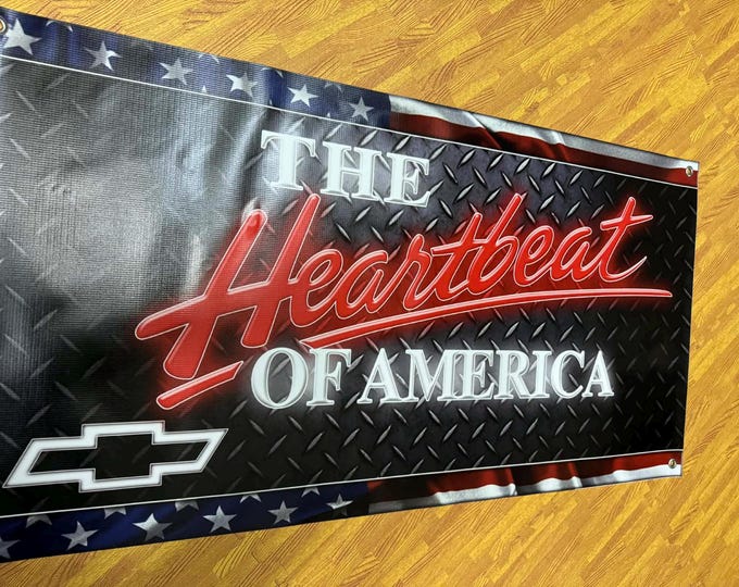 Chevrolet Heartbeat of America Banner 24x46 Chevy Garage Wall Decor Truck Mancave Vinyl