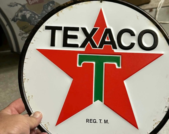 Vintage Design Texaco Tin Round Gas Station Sign – 12” Metal Star Logo Oil & Gas Mancave Wall Decor