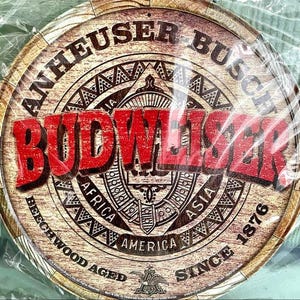 Okrągły znak blaszany z napisem Budweiser Keg End Brewiana – 11,75” średnicy