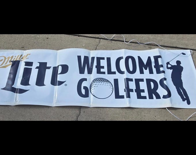 Brand New Old Stock Miller Lite “Welcome Golfers” Banner – 22"x70" Beer Advertising Sign with Hanging Strings, Bar Man Cave Garage Decor