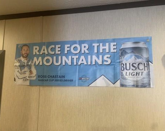 Busch Light “Race for the Mountains” Banner – 16"x48" Vinyl NASCAR Ross Chastain Bar Sign