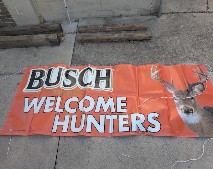 Busch Light “Welcome Hunters” PVC Banner – 3x8 ft Beer Sign with Hanging Strings, Deer Hunting Bar Decor