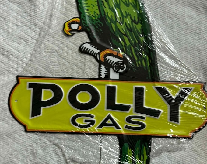 Polly Gas Parrot Tin Sign – 18” Tall Embossed Vintage Style Gas Station Wall Decor – Large Die Cut Petroleum Advertising