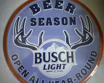 Busch Light Beer Season Tin Sign – 11.5" Round Wall Art – Hunting Decor for Man Cave, Cabin, or Bar – Open All Year Round