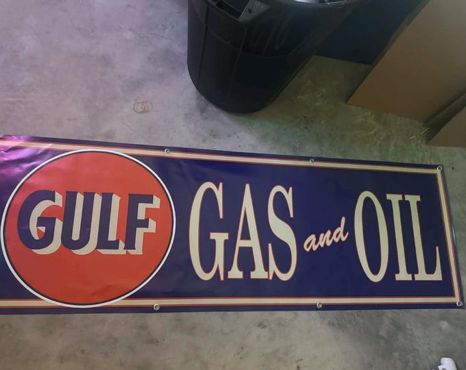 Vintage Gulf Gas and Oil Banner 72"x24" Retro Gas Station Garage Mancave Decor
