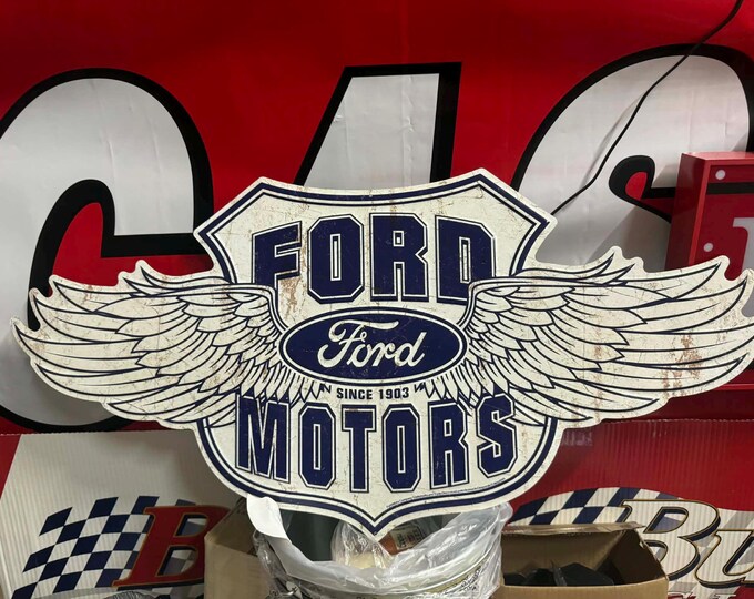 Ford Motors Winged Logo Tin Sign Large 31.5” Vintage Style Garage Wall Decor Mancavedecor