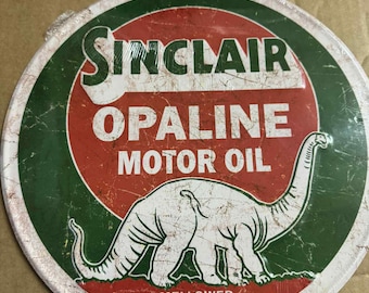Sinclair Opaline Motor Oil Metal Sign • 12” Round Retro Gas Station Decor • Dino Garage Wall Art • Vintage Style Tin Sign