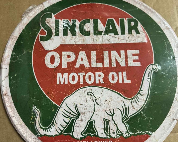 Sinclair Opaline Motor Oil Metal Sign • 12” Round Retro Gas Station Decor • Dino Garage Wall Art • Vintage Style Tin Sign