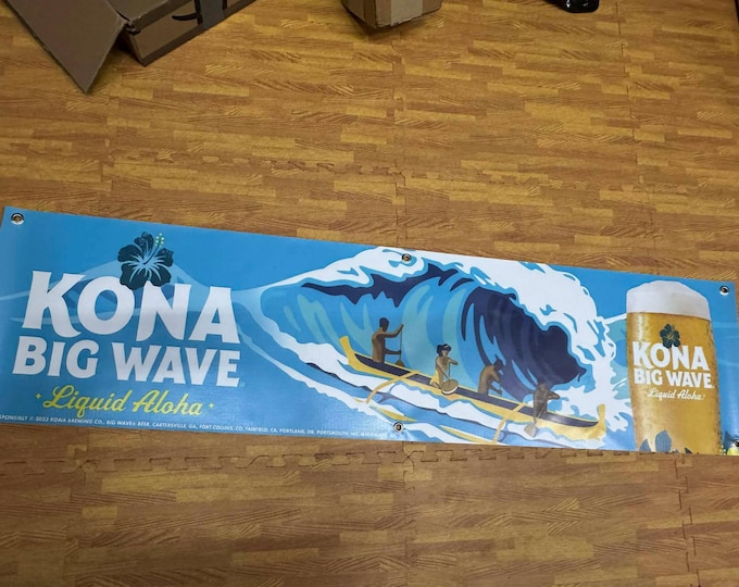 Kona Big Wave Banner 60x15 Beer Bar Decor | Tropical Surf Mancave Decor | Hawaii Beer Wall Banner Garage Tiki Bar Decor