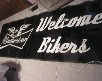 Budweiser Welcome Bikers Banner – 3x10ft – Rare Bar & Man Cave Decor!