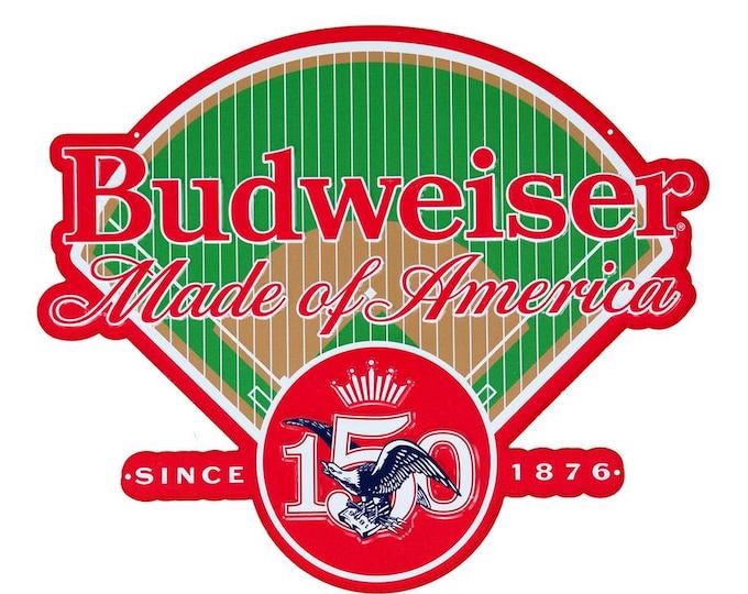Rare Budweiser Made of America 150 Tin Sign 17x14.5 Beer Wall Decor Collector Sign, mancavedecor