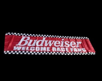 Budweiser Racing Welcome Race Fans Banner – 2 ft x 8 ft – Polyester with Grommets – Classic Beer Advertising Sign