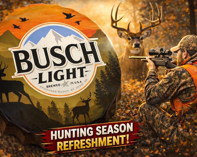 Busch Light 18" Bottle Cap Tin Sign – Vintage Hunting Scene Wall Decor – Deer & Mountain Bar Sign