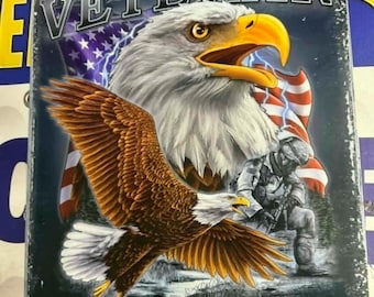 Veteran Metal Tin Sign 16x12.5 American Eagle Support Our Troops Wall Decor Military Patriotic Mancavedecor