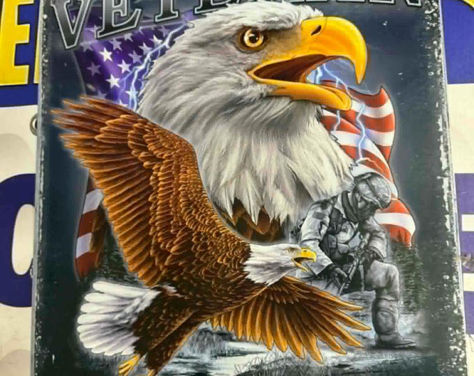 Veteran Metal Tin Sign 16x12.5 American Eagle Support Our Troops Wall Decor Military Patriotic Mancavedecor