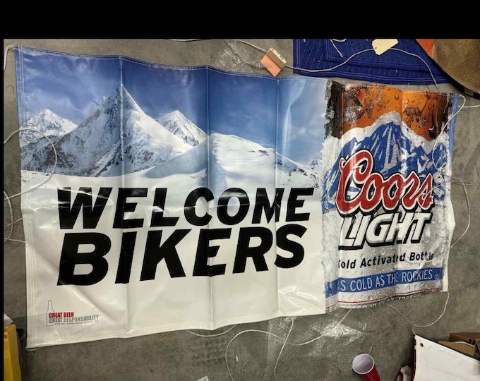 2010 Coors Light “Welcome Bikers” Banner – 3x5 ft PVC Beer Sign with Strings, Rare Rally Edition Bar Decor (Like New)