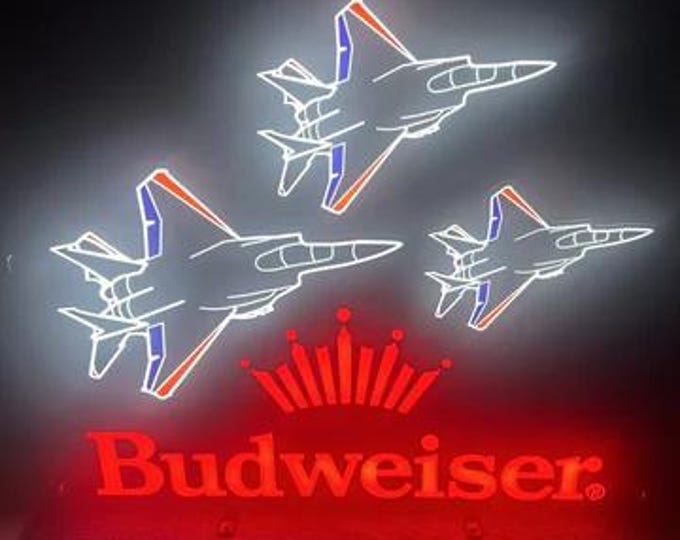 Budweiser Fighter Jets LED Neon Sign 23x22 – Patriotic Beer Sign Bar Light, Mancavedecor, Aviation Decor, USA Bar Wall Light NIB