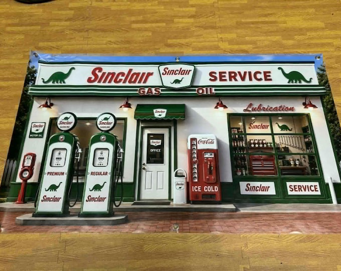 Vintage Style Sinclair Service Station Banner Gas Oil Dino Garage Sign 48x28 Mancave Auto Shop Decor