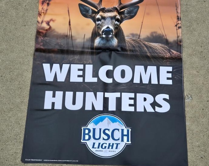 New Style Light Beer Deer Hunting Banner – Welcome Hunters Lodge Vinyl Banner 24"x36" – Beer Sign for Man Cave, Bar, or Cabin