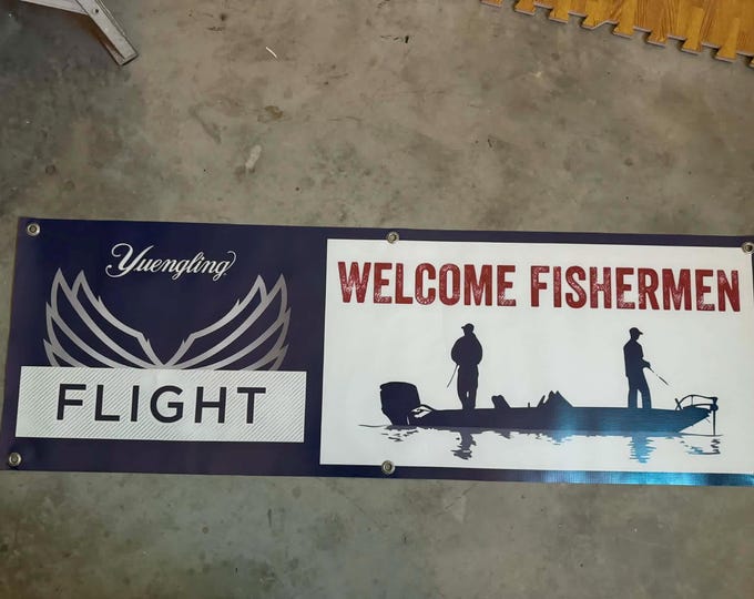 Yuengling Flight Fishing Banner 48x16 Welcome Fishermen Sign, Beer Fishing Decor, Lake House Wall Banner, mancavedecor
