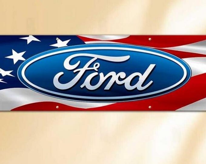 Ford American Flag Banner – 2x8ft Large Garage Wall Art – Automotive Shop Decor