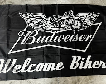 Budweiser Welcome Bikers Flag 3x5ft – Beer Banner Motorcycle Bar Man Cave Decor