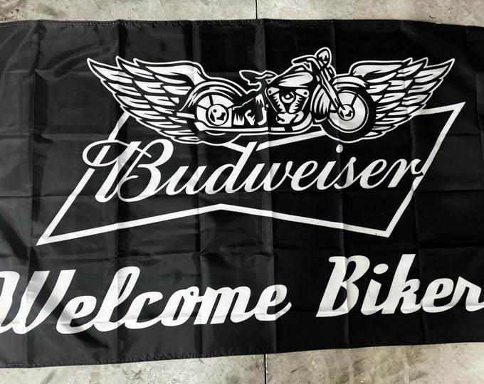 Budweiser Welcome Bikers Flag 3x5ft – Beer Banner Motorcycle Bar Man Cave Decor