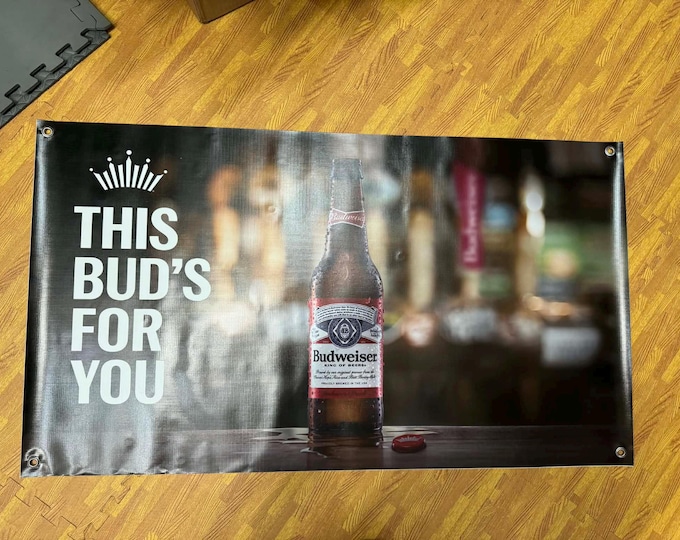 Bud “This Bud’s For You” Bar Banner – 46” x 26” Beer Bottle Bar Wall Sign