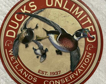 Ducks Unlimited Tin Sign – 12” Round Embossed Metal – Waterfowl Hunting Lodge Cabin Wall Decor