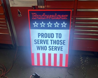 Budweiser LED Sign 35″×24″ “Proud to Serve Those Who Serve” – Patriotic Beer Bar Wall Light | Mancave Decor | Garage Pub NEW