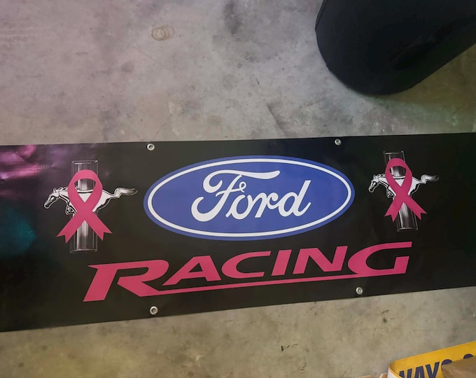 Ford Racing Banner 72"x20" Pink Ribbon Breast Cancer Awareness Garage Mancave Decor