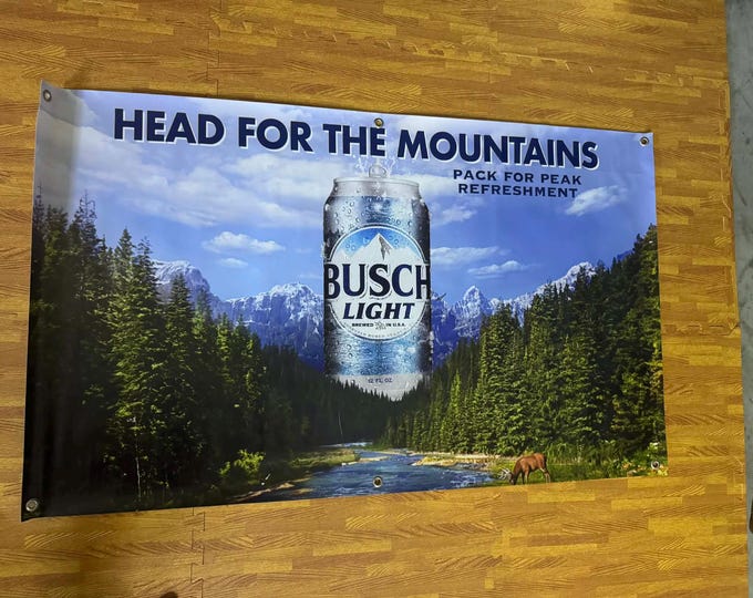 Busch Light “Head for the Mountains” Vinyl Banner | Beer Wall Sign | 24” x 36” Mancave Bar Decor