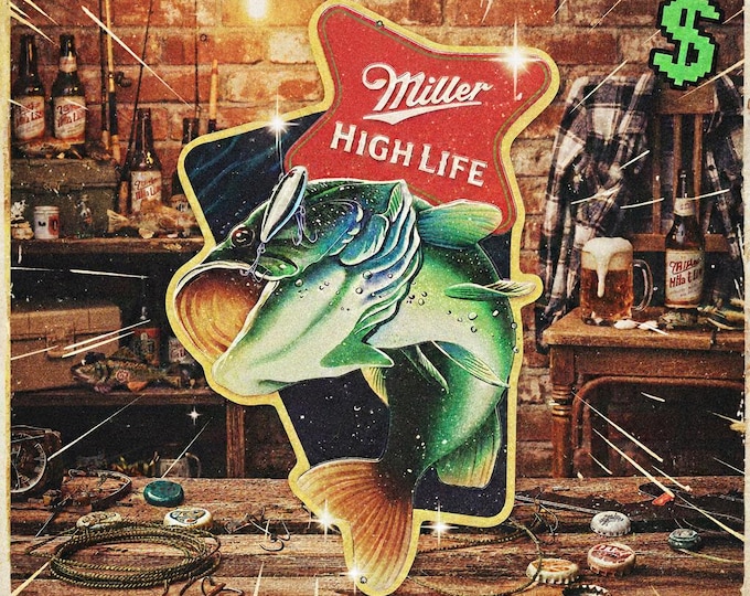 Damaged Miller High Life Bass Metal Sign: Man Cave Beer Decor (9.8"x14.7")
