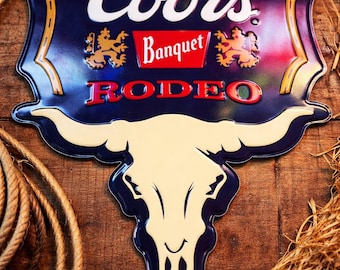 Coors Banquet Rodeo Bull Head Tin Sign 18x22” Western Beer Wall Decor | Coors Banquet Bar Sign | Mancavedecor Western Tin Sign NEW