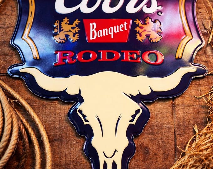Coors Banquet Rodeo Bull Head Tin Sign 18x22” Western Beer Wall Decor | Coors Banquet Bar Sign | Mancavedecor Western Tin Sign NEW