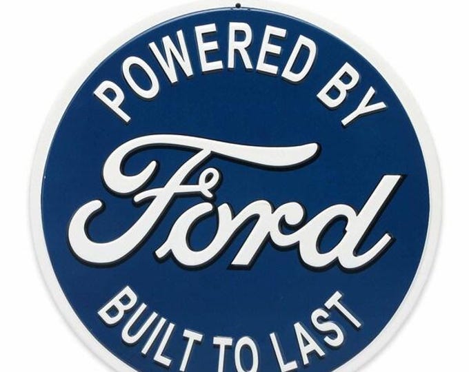 Ford Powered By & Built to Last Round Metal Sign –12" Vintage Style Ford Garage Wall Decor, Man Cave Sign, Shop Sign, Automotive Collectible