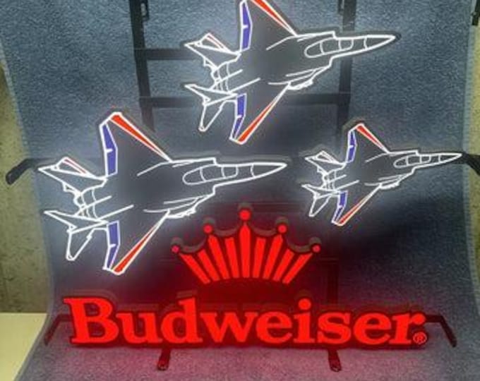 Budweiser Fighter Jets LED Neon Sign 23x22 – Patriotic Beer Sign Bar Light, Mancavedecor, Aviation Decor, USA Bar Wall Light NIB