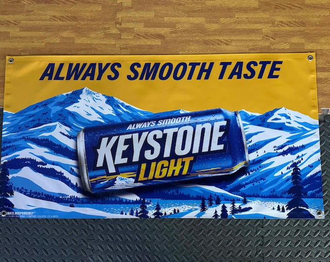 Keystone Fishing Beer Can Banner | Alpine Lake Bar Wall Decor | Large Vinyl Mancave Garage Banner | 48x30 Wall Hanging