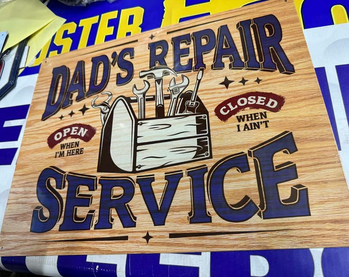 Dad’s Repair Service Tin Sign 16"x12.5" Funny Garage Workshop Mancave Decor Gift