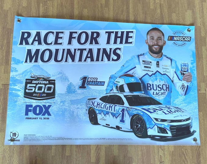 Race For The Mountains Daytona 500 Racing Banner | Busch Light Racing Vinyl Wall Decor | 36” x 24”