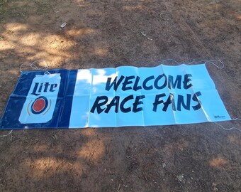 Miller Lite Welcome Race Fans Banner 3x8ft – Vintage Beer Racing Sign Man Cave Decor