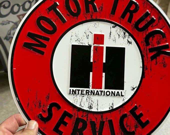 International Harvester IH Motor Truck Service Tin Sign – 12” Round Red Vintage Style Garage & Farm Wall Decor