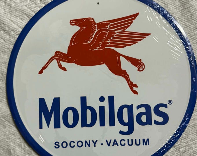 Mobilgas Pegasus 12" Round Tin Sign – Vintage Mobil Oil Gas Station Wall Decor – Socony Vacuum Flying Horse