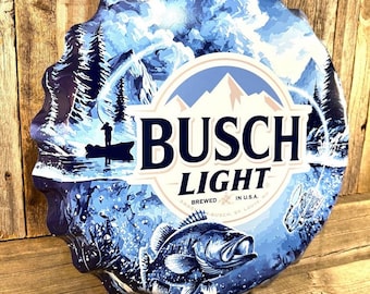 Busch Light Fishing Bottle Cap Metal Sign 18" Beer Cap Bar Wall Mancavedecor Fisherman Bass Sign